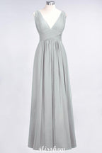 Ruffle Chiffon Sleeveless Evening Maxi Gown V-Neck Bridesmaid Dress