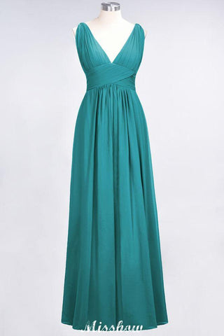 Ärmelloses Maxi-Abendkleid aus Chiffon mit Rüschen und V-Ausschnitt für Brautjungfern