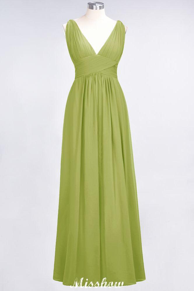 Ruffle Chiffon Sleeveless Evening Maxi Gown V-Neck Bridesmaid Dress