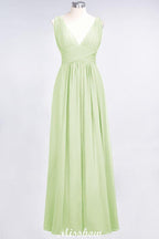 Ruffle Chiffon Sleeveless Evening Maxi Gown V-Neck Bridesmaid Dress
