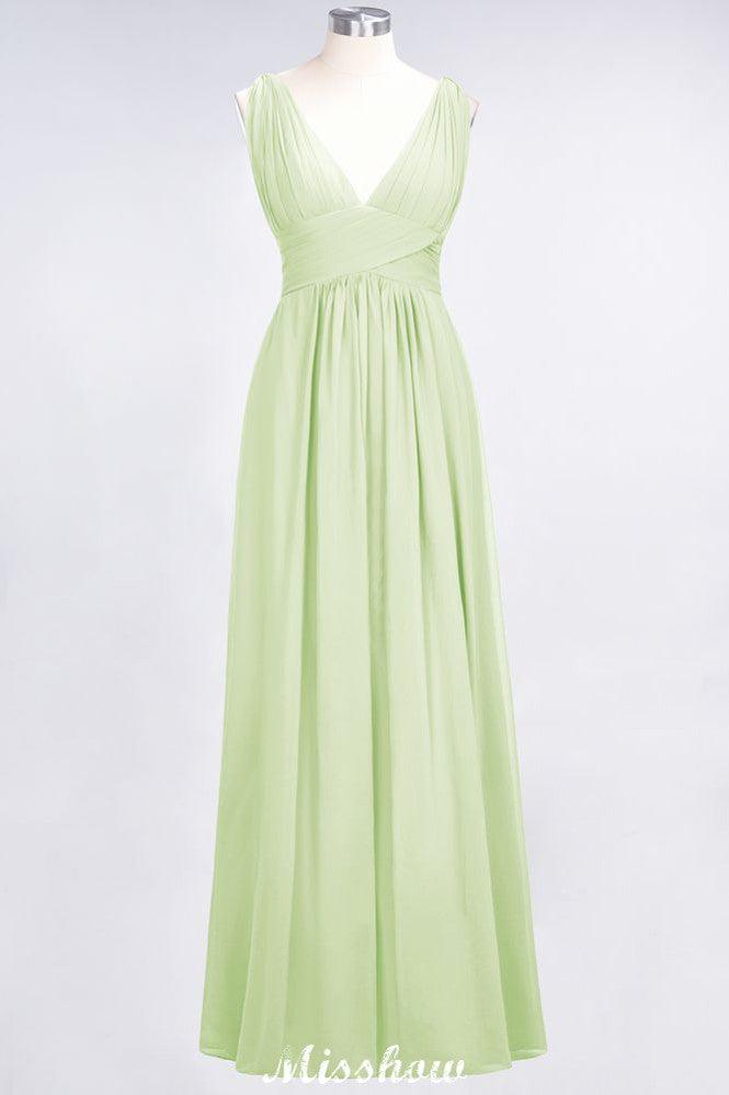 Ruffle Chiffon Sleeveless Evening Maxi Gown V-Neck Bridesmaid Dress