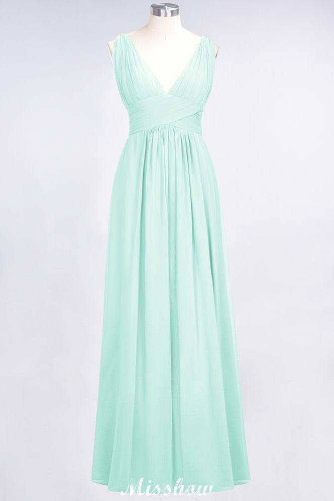 Ruffle Chiffon Sleeveless Evening Maxi Gown V-Neck Bridesmaid Dress