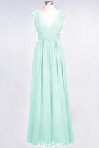 Ruffle Chiffon Sleeveless Evening Maxi Gown V-Neck Bridesmaid Dress