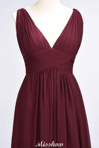 Ärmelloses Maxi-Abendkleid aus Chiffon mit Rüschen und V-Ausschnitt für Brautjungfern