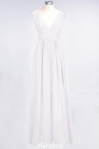 Ruffle Chiffon Sleeveless Evening Maxi Gown V-Neck Bridesmaid Dress