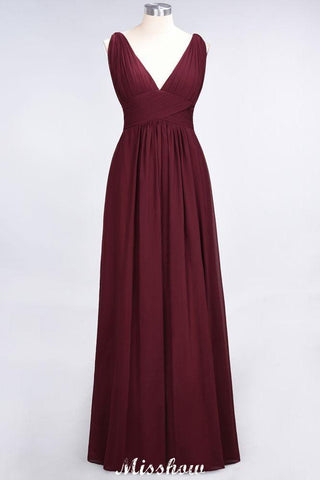 Ärmelloses Maxi-Abendkleid aus Chiffon mit Rüschen und V-Ausschnitt für Brautjungfern