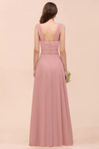 Ruffle Straps A-line Maxi Dusty Pink Bridesmaid Dress for Girls