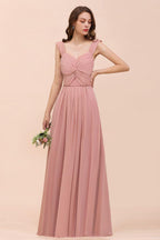 Ruffle Straps A-line Maxi Dusty Pink Bridesmaid Dress for Girls