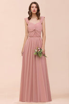 Ruffle Straps A-line Maxi Dusty Pink Bridesmaid Dress for Girls