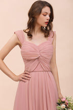 Ruffle Straps A-line Maxi Dusty Pink Bridesmaid Dress for Girls