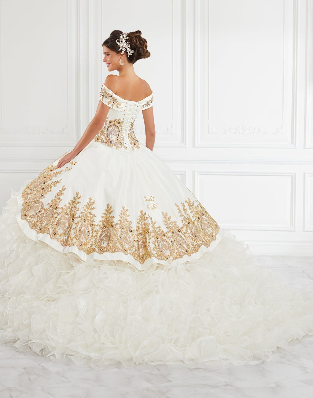 Ruffled Off Shoulder Charro Quinceanera Dress by LA Glitter 24063