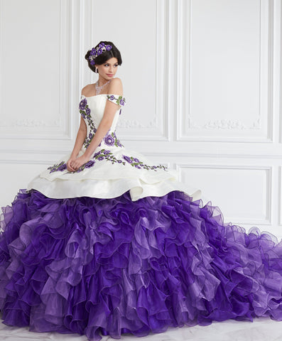 Schulterfreies Quinceanera-Kleid mit Rüschen und Blumenmuster von LA Glitter 24064