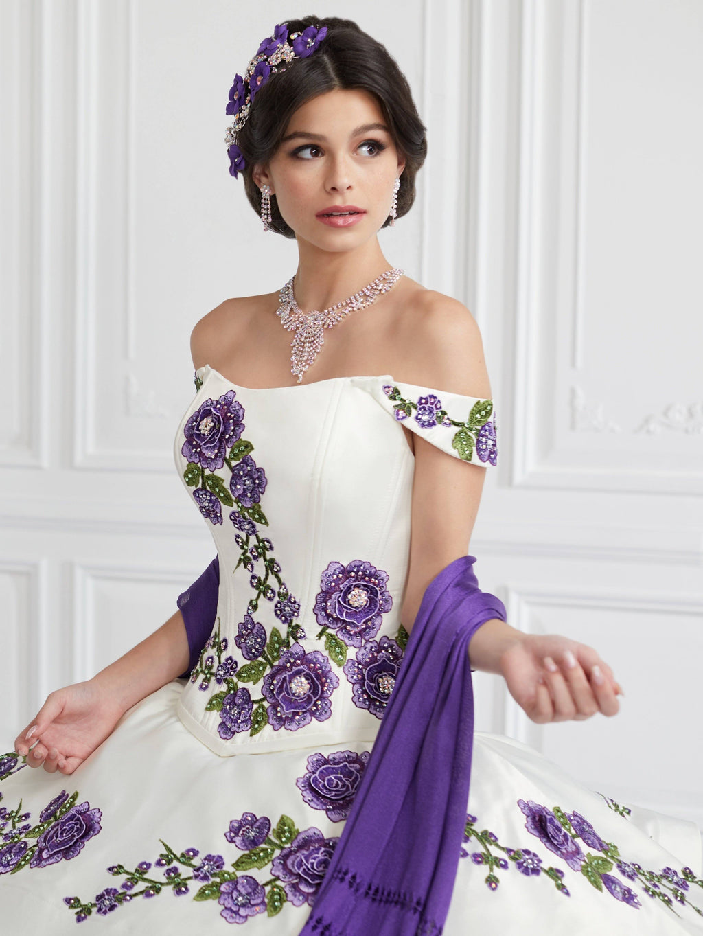 Ruffled Off Shoulder Floral Quinceanera Dress by LA Glitter 24064