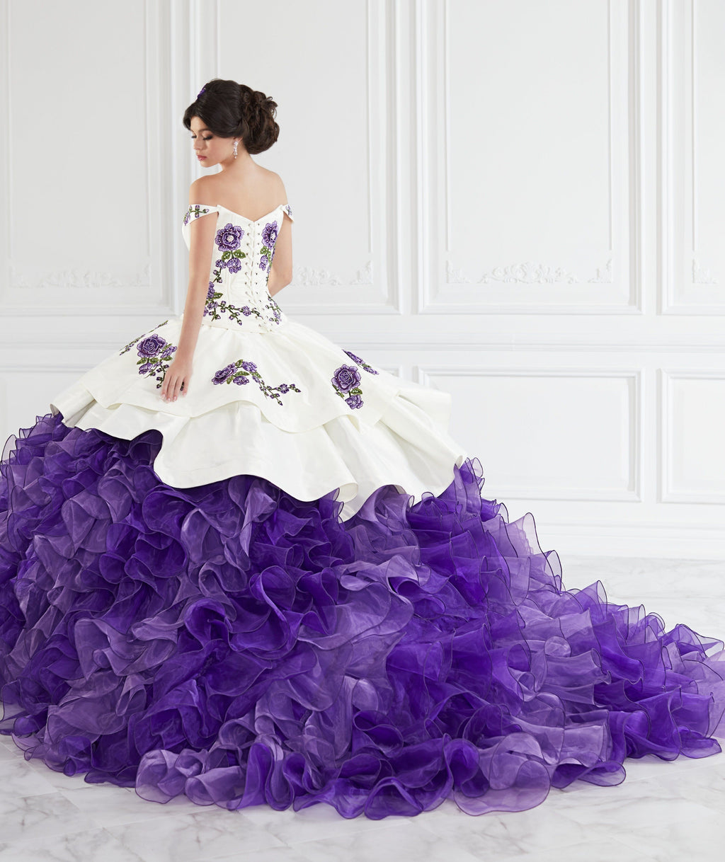 Ruffled Off Shoulder Floral Quinceanera Dress by LA Glitter 24064