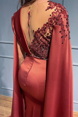 Long Sleeves Beaded Ruffles Satin Mermaid Evening Dress with Appliques Lace
