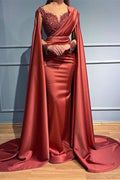 Vestido de Noche Sirena de Satin con Mangas Largas, Cuentas, Volantes y Encaje Aplicado