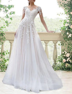 Engagement Formal Fall Wedding Dresses A-Line Open Back Illusion Neck Long Sleeve Court Train Lace Bridal Gowns With Pleats Appliques