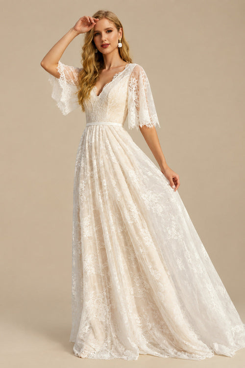 Rutipo As Picture A-Line Lace V-Neck Sweep Train Wedding Dress WIth Lace