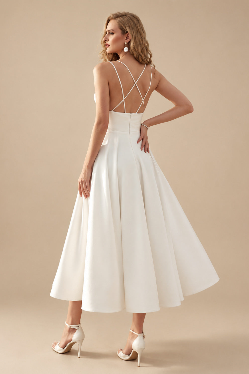 Rutipo Ivory A-Line V-Neck Sleeveless Tea-Length Satin Wedding Dress