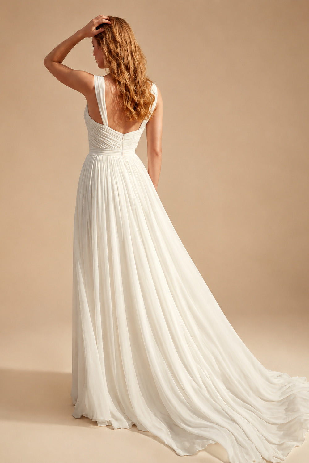 Rutipo Ivory A-Line Chapel Train Chiffon Wedding Dress With Split Front