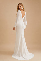 Rutipo Ivory Classic Long Lantern Sleeves V-Neck Ruched Chiffon Wedding Dress With Split Front
