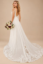 Rutipo Ivory A-Line V-Neck Sweep Train Wedding Dress With Lace Split Front