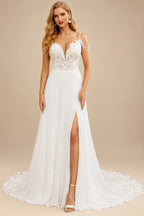 Rutipo Ivory A-Line V-Neck Sweep Train Wedding Dress With Lace Split Front