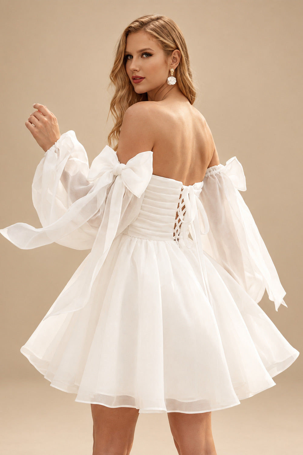 Rutipo Ivory Princess Puff Long Sleeves Short Wedding Dresses With Bows