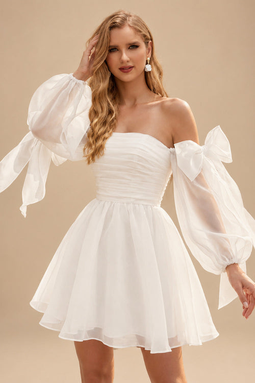 Rutipo Ivory Princess Puff Long Sleeves Short Wedding Dresses With Bows