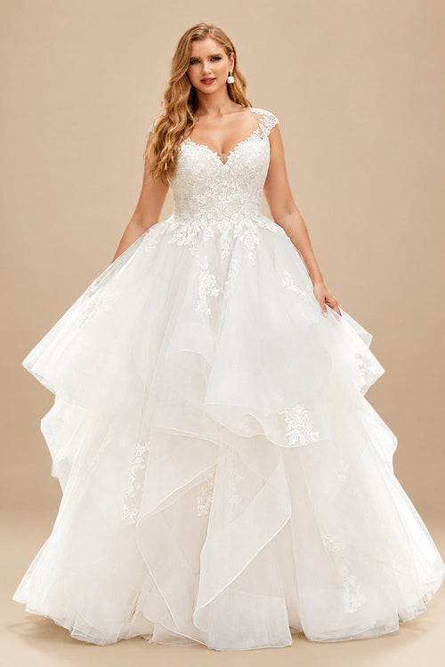 Rutipo Ivory Classic Elegant Lace Wedding Dresses With Cascading Ruffles