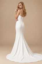 Rutipo Ivory Mermaid Strapless Sleeveless Sweep Train Elastic Satin Wedding Dresses With Split Front