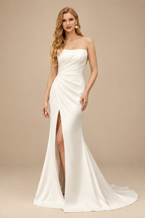 Rutipo Ivory Mermaid Strapless Sleeveless Sweep Train Elastic Satin Wedding Dresses With Split Front