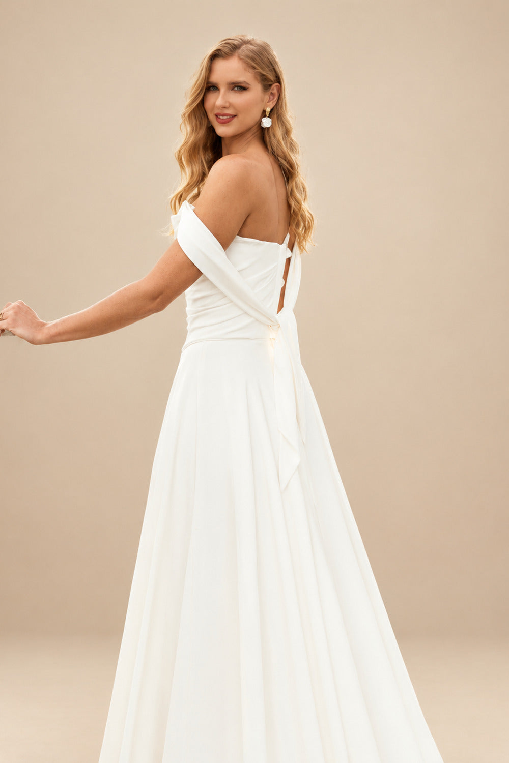 Rutipo Ivory A-Line Off-The-Shoulder Sleeveless Court Train Stretch Satin BRIDE With Ruffle