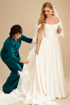 Rutipo Ivory A-Line Off-The-Shoulder Sleeveless Court Train Stretch Satin BRIDE With Ruffle