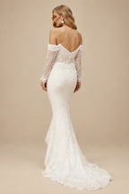Rutipo Ivory Sparkle Off-Shoulder Collar Draping Open Back Wedding Dresses With Detachable Skirt