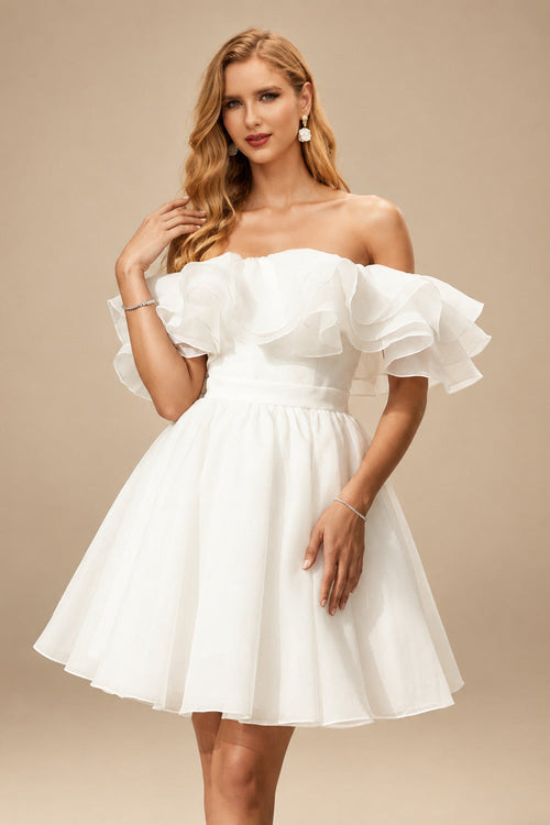 Rutipo Ivory A-Line Off-The-Shoulder Sleeveless Short/Mini Organza Wedding Dresses