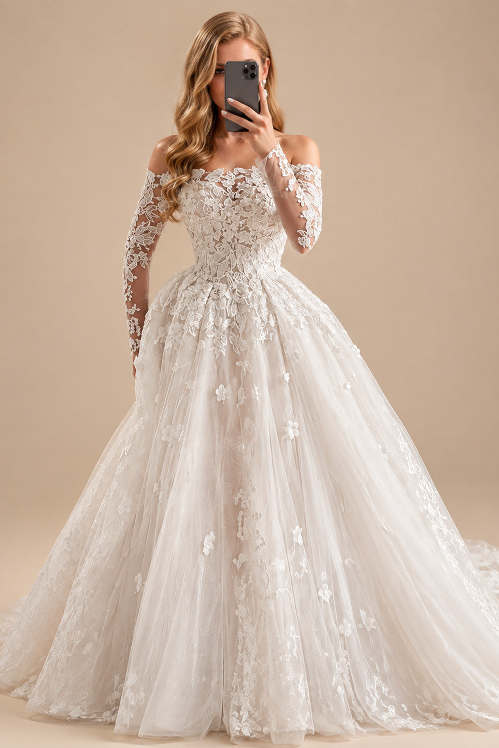 Rutipo As Picture Ball-Gown Off-The-Shoulder Long Sleeves Lace/Tulle Wedding Dresses