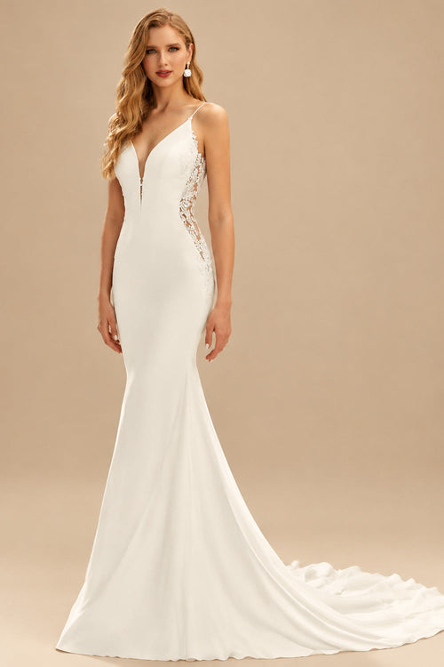 Rutipo Ivory Beach/Boho Mermaid V-Neck Sleeveless Court Train Wedding Dresses With Lace