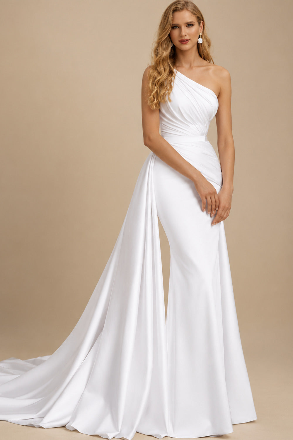 Rutipo White A-Line One-Shoulder Sleeveless Detachable Matte Satin Wedding Dresses