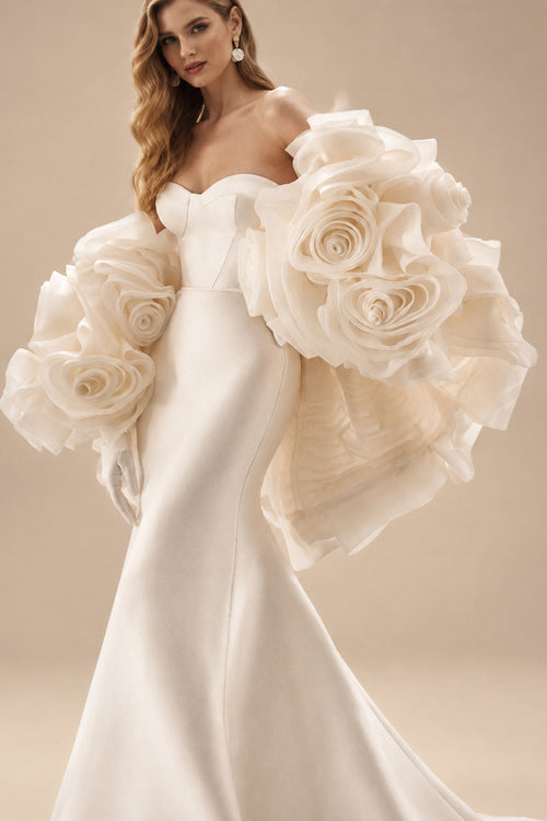 Rutipo Ivory Elegant Sweetheart Mermaid Court Train Organza Wedding Dresses With Flower(s) Wrap