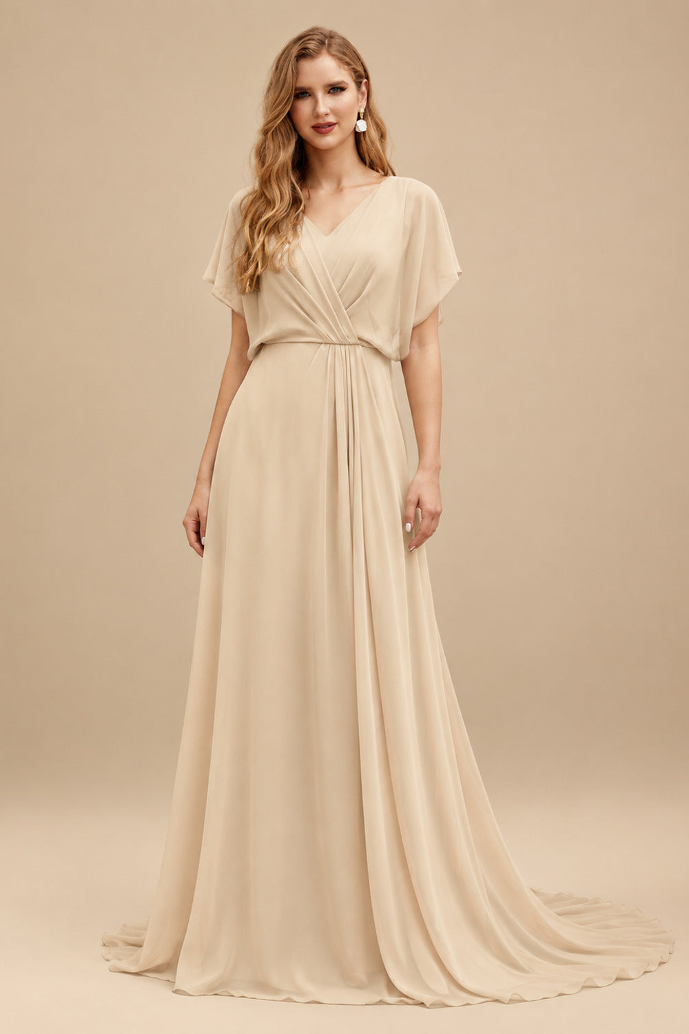 Rutipo Champagne Jumpsuit/Pantsuit Plunge Neck Cape Sleeves Floor-Length Elastic Satin Wedding Dresses