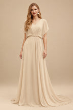 Rutipo Champagne Jumpsuit/Pantsuit Plunge Neck Cape Sleeves Floor-Length Elastic Satin Wedding Dresses