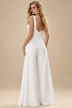 Rutipo White Jumpsuit/Pantsuit Plunge Neck Cape Sleeves Floor-Length Elastic Satin Wedding Dresses