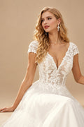 Rutipo White Ball-Gown V-Neck Short Sleeves Chapel Train Satin Tulle Wedding Dresses With Appliques Lace