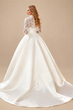 Rutipo Ivory Ball-Gown V-Neck High Neck Long Sleeves Chapel Train Lace Tulle Soft Satin BRIDE With Appliques Lace