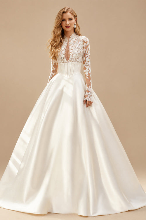 Rutipo Ivory Ball-Gown V-Neck High Neck Long Sleeves Chapel Train Lace Tulle Soft Satin BRIDE With Appliques Lace