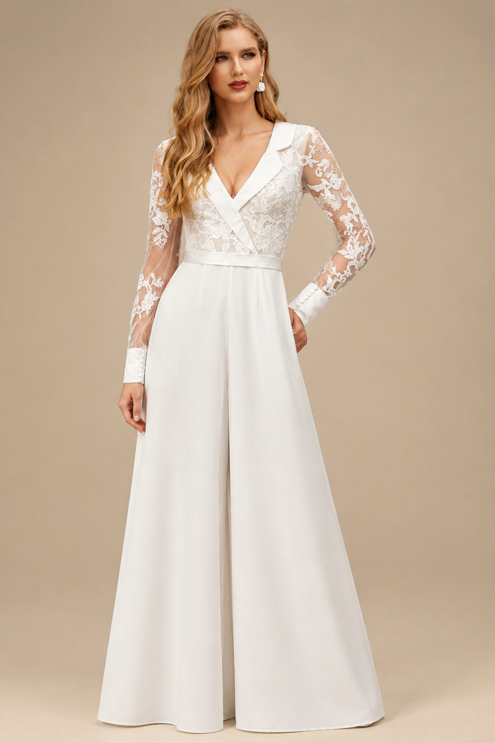 Rutipo As Picture Jumpsuit/Pantsuit V-Neck Long Sleeves Floor-Length Chiffon With Pocket Bride Wedding Dress