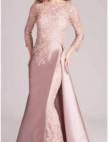 Meerjungfrau/Trompete Kleid für die Brautmutter, Hochzeitsgast, elegant, U-Ausschnitt, bodenlang, Satin, lange Ärmel mit Spitze, Schlitz vorne