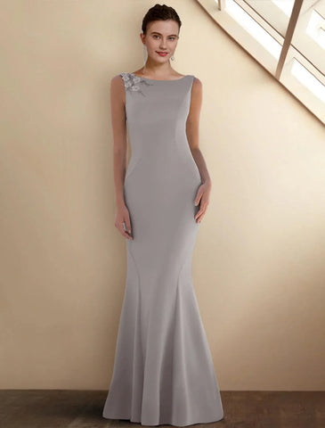 Meerjungfrau/Trompete Kleid für die Brautmutter, elegant, mit Rundhalsausschnitt, Sweep/Pinselzug, ärmelloses Stretch-Chiffon, kurzes Jackenkleid mit Applikationen