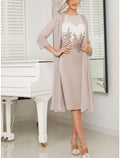 Zweiteiliges Etuikleid/Säulenkleid für die Mutter der Braut, Hochzeitsgast, elegant, zierlich, U-Ausschnitt, knielang, Chiffon, Spitze, 3/4-Ärmel mit Rüschen
